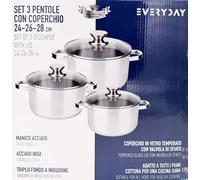 Bavaria Set 3 Pentole Acciaio Inox 24/26/28cm Con Coperchio Vetro Triplo Fondo