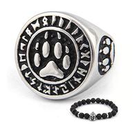 BAVIPOWER Anello a cerchio in acciaio inox Asatru pagano scandinavo con zampa di orso vichingo e runa, gioiello per uomo e donna, Metallo
