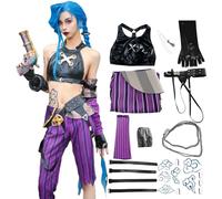 BAWKGDB Costume cosplay di Jinxarcane con parrucca lunga blu, adesivi per tatuaggi,accessori, cintura, guanti neri, set di Halloween anime da donna (Viola, L)