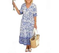 BAWUTZ Abito Estivo Lungo Elegante a Maniche Corte con Scollo a V da Donna, Abito Estivo Senza Maniche con Scollo a V da Donna 2024, Abiti Casual a Vita Alta, Abito Maxi dalla Linea (S,Blau)