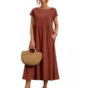 BAWUTZ Abito Estivo per Abiti da Donna in Lino, Abiti da Camicia Abito per Il Tempo Libero con Borse, Abito da Donna, Abiti in Lino di Cotone, Vintage in Abito Estivo a Solo coulor (L,Orange)