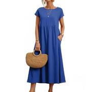 BAWUTZ Abito Estivo per Abiti da Donna in Lino, Abiti da Camicia Abito per Il Tempo Libero con Borse, Abito da Donna, Abiti in Lino di Cotone, Vintage in Abito Estivo a Solo coulor (S,Blau)