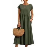 BAWUTZ Abito Estivo per Abiti da Donna in Lino, Abiti da Camicia Abito per Il Tempo Libero con Borse, Abito da Donna, Abiti in Lino di Cotone, Vintage in Abito Estivo a Solo coulor (L,Grün)