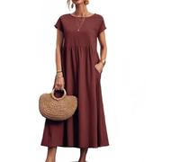 BAWUTZ Abito Estivo per Abiti da Donna in Lino, Abiti da Camicia Abito per Il Tempo Libero con Borse, Abito da Donna, Abiti in Lino di Cotone, Vintage in Abito Estivo a Solo coulor (L,Rotwein)