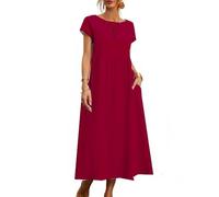 BAWUTZ Abito Estivo per Abiti da Donna in Lino, Abiti da Camicia Abito per Il Tempo Libero con Borse, Abito da Donna, Abiti in Lino di Cotone, Vintage in Abito Estivo a Solo coulor (M,Rot)