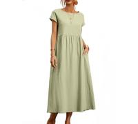 BAWUTZ Abito Estivo per Abiti da Donna in Lino, Abiti da Camicia Abito per Il Tempo Libero con Borse, Abito da Donna, Abiti in Lino di Cotone, Vintage in Abito Estivo a Solo coulor (L,Hellgrün)