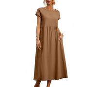 BAWUTZ Abito Estivo per Abiti da Donna in Lino, Abiti da Camicia Abito per Il Tempo Libero con Borse, Abito da Donna, Abiti in Lino di Cotone, Vintage in Abito Estivo a Solo coulor (L,Khaki)