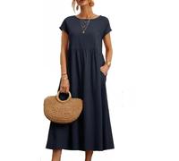 BAWUTZ Abito Estivo per Abiti da Donna in Lino, Abiti da Camicia Abito per Il Tempo Libero con Borse, Abito da Donna, Abiti in Lino di Cotone, Vintage in Abito Estivo a Solo coulor (XXL,Navy Blau)