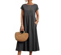 BAWUTZ Abito Estivo per Abiti da Donna in Lino, Abiti da Camicia Abito per Il Tempo Libero con Borse, Abito da Donna, Abiti in Lino di Cotone, Vintage in Abito Estivo a Solo coulor (S,Tief Grau)