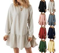 BAWUTZ Abito Felpa da Donna, Abito da Donna con Scollo a Giro Manica Lunga Pullover Top in Maglia a Coste Patchwork,Abito Maglione Plissettato, Top svolazzanti Mini Abiti Felpati con Volant (M,White)