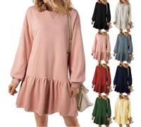 BAWUTZ Abito Felpa da Donna, Abito da Donna con Scollo a Giro Manica Lunga Pullover Top in Maglia a Coste Patchwork,Abito Maglione Plissettato, Top svolazzanti Mini Abiti Felpati con Volant (S,Pink)
