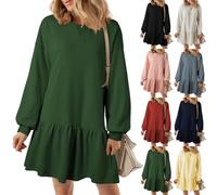 BAWUTZ Abito Felpa da Donna, Abito da Donna con Scollo a Giro Manica Lunga Pullover Top in Maglia a Coste Patchwork,Abito Maglione Plissettato, Top svolazzanti Mini Abiti Felpati con Volant (S,Green)