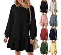 BAWUTZ Abito Felpa da Donna, Abito da Donna con Scollo a Giro Manica Lunga Pullover Top in Maglia a Coste Patchwork,Abito Maglione Plissettato, Top svolazzanti Mini Abiti Felpati con Volant (L,Black)