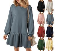 BAWUTZ Abito Felpa da Donna, Abito da Donna con Scollo a Giro Manica Lunga Pullover Top in Maglia a Coste Patchwork,Abito Maglione Plissettato, Top svolazzanti Mini Abiti Felpati con Volant (S,Blue)