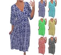 BAWUTZ Abito Floreale a Mezza Manica, Abito Estivo Ampio, Abito da Spiaggia Boho Estivo, Taglie Grandi, Abito Casual, Abito Midi con Scollo a V, Vita Alta, Abiti Casual (3XL,Navy Blau)