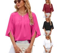 BAWUTZ Camicetta da Donna con Maniche a 3/4, Top Casual, Camicia Tunica Ampia con Girocollo, Top Casual, Camicia Elegante e Ampia con Magliette con Bottoni a Manica 3/4 (XL,Rosa)