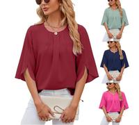 BAWUTZ Camicetta da Donna con Maniche a 3/4, Top Casual, Camicia Tunica Ampia con Girocollo, Top Casual, Camicia Elegante e Ampia con Magliette con Bottoni a Manica 3/4 (XXL,Rotwein)