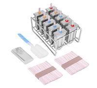 Baxnore Gelato in acciaio inossidabile da 10 pezzi Pop Free 304 con 100 bastoncini di legno e base di supporto per dolcetti surgelati fatti in casa e dessert estivi Colore argento (Testa rotonda)