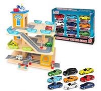 Bayagu Garage Giocattolo a 3 Piani con 9 Macchinine | Con ascensore manuale, rampe, eliporto, barriera d’ingresso e 9 macchinine in metallo incluse.