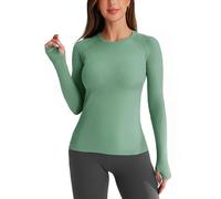 BAYDI Maglietta sportiva da donna, a maniche lunghe, senza cuciture, con foro per il pollice, Verde oliva grigio, L