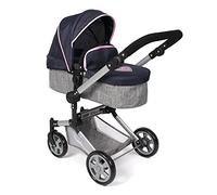 Bayer Chic 2000 Linus - Passeggino combinato 2 in 1 per bambole Melange | Grande passeggino combinato 2 in 1 per bambole con navicella convertibile per bambole fino a 52 cm. Melange grigio/blu navy