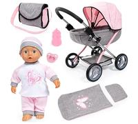 Bayer Design 12733AB Carrozzina per bambole Cosy, pieghevole, con bambola 36 cm, copertina, cuscino, borsa, biberon e ciuccio
