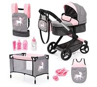 Bayer Design 17033AB Passeggino per bambole Xeo, borsa, letto, sacco a pelo, marsupio, accessori, jeans-grigio, rosa