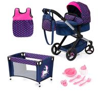 Bayer Design 17054AB carrozzina per bambole, passeggino, con letto, borsa, sacco a pelo e accessori in plastica