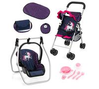 Bayer Design 21554AB Passeggino pieghevole per bambole, doppie ruote, borsa, fasciatoio, culla, accessori, bavaglino