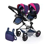 Bayer Design-26254AA Passeggino Gemellare, Carrozzina per Bambole, Regolabile in Altezza, Pieghevole con Borsa a Tracolla, Colore Blu con Unicorno e Cuori, 26254AA
