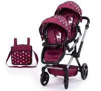 Bayer Design 26723AA Carrozzina gemellare Twin Xeo, carrozzina per bambole doppia, regolabile in altezza, borsa, bordeaux, rosa, stelle