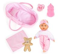 Bayer Design 92866AR Bambola, corpo morbido, 28 cm, culla portatile per bambole, coperta, cuscino, ciuccio, biberon, orsacchiotto