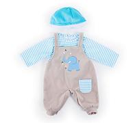 Bayer Design bambole 33-38cm, salopette, top e berretto, set, vestito con elefante, Colore blu, grigio con strisce, 83876AA