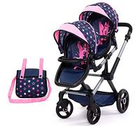 Bayer Design Design-26716AA 26716AA Carrozzina per Bambole Doppia, Passeggino gemellare, Regolabile in Altezza, Borsa, Colore Blu, Rosa, Stelle