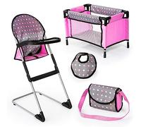 Bayer Design 63266AB set di accessori per bambole, seggiolone, bavaglino, lettino da viaggio, borsa, rosa, grigio