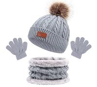 Baynetin 3 Pezzi Bambini Inverno Beanie Cappello Sciarpa Guanti Set Termico Maglia Crochet Spessa Pom Kids Beanie Cappello Sciarpa per 1-5 Anni Ragazzi Ragazze (Grigio)