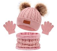 Baynetin 3 Pezzi Bambini Inverno Beanie Cappello Sciarpa Guanti Set Termico Maglia Crochet Spessa Pom Kids Beanie Cappello Sciarpa Guanti 3 in 1, per 1-6 Anni Ragazzi Ragazze (Rosa)