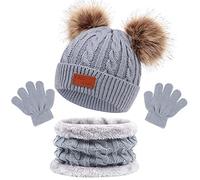 Baynetin 3 Pezzi Bambini Inverno Beanie Cappello Sciarpa Guanti Set Termico Maglia Crochet Spessa Pom Kids Beanie Cappello Sciarpa Guanti 3 in 1, per 1-6 Anni Ragazzi Ragazze (Grigio)