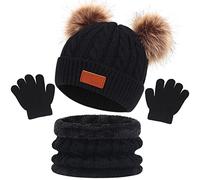 Baynetin 3 Pezzi Bambini Inverno Beanie Cappello Sciarpa Guanti Set Termico Maglia Crochet Spessa Pom Kids Beanie Cappello Sciarpa Guanti 3 in 1, per 1-6 Anni Ragazzi Ragazze (Nero)