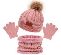 Baynetin 3 Pezzi Bambini Inverno Beanie Cappello Sciarpa Guanti Set Termico Maglia Crochet Spessa Pom Kids Beanie Cappello Sciarpa per 1-5 Anni Ragazzi Ragazze (Rosa)