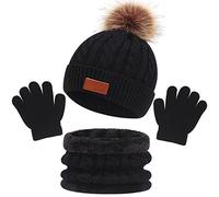 Baynetin 3 Pezzi Bambini Inverno Beanie Cappello Sciarpa Guanti Set Termico Maglia Crochet Spessa Pom Kids Beanie Cappello Sciarpa per 1-5 Anni Ragazzi Ragazze (Nero)