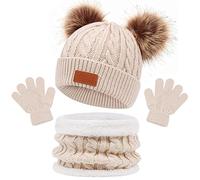 Baynetin 3 Pezzi Bambini Inverno Beanie Cappello Sciarpa Guanti Set Termico Maglia Crochet Spessa Pom Kids Beanie Cappello Sciarpa Guanti 3 in 1, per 1-6 Anni Ragazzi Ragazze (Beige)