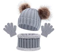 Baynetin Cappello a Maglia Bambini Invernale Sciarpa Guanti 3 Pezzi,Termico Maglia Crochet Doppio PomPom Cappello Sciarpa Guanti 3 in 1,per 1-6 Anni Ragazzi Ragazze (Grigio)