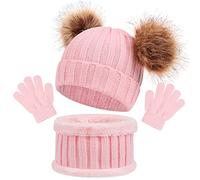 Baynetin Cappello a Maglia Bambini Invernale Sciarpa Guanti 3 Pezzi,Termico Maglia Crochet Doppio PomPom Cappello Sciarpa Guanti 3 in 1,per 1-6 Anni Ragazzi Ragazze (Rosa)