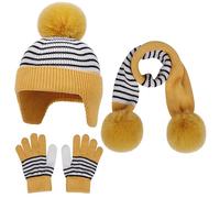 Baynetin Completo Invernale Bambini: Cappello con Paraorecchie in Lana, Sciarpa e Guanti Foderati in Pile con Pon Pon - Set Prima Infanzia 1-6 Anni (Giallo)