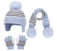 Baynetin Completo Invernale Bambini: Cappello con Paraorecchie in Lana, Sciarpa e Guanti Foderati in Pile con Pon Pon - Set Prima Infanzia 1-6 Anni (Azzurro)