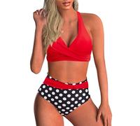 Baynetin Costume da Bagno Donna Due Pezzi V-Neck Alta Vita Push Up Imbottito Reggiseno Stampa Floreale Sportivo Bikini Set (Punti Rossi + Neri, L)