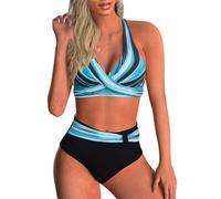 Baynetin Costume da Bagno Donna Due Pezzi V-Neck Alta Vita Push Up Imbottito Reggiseno Stampa Floreale Sportivo Bikini Set (Strisce Blu, S)