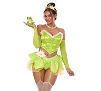 Bayou - Costume da Bambina con Bustino, Gonna a Petali e Reggicalze con Fiore Pin-On, Spalline Trasparenti, Guanti e Corona, Verde, Taglia M