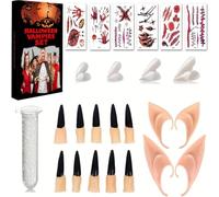 Bayuyi Denti Vampiro Halloween Set Completo - 4 Paia con Colla Dentale, 2 Paia Orecchie Elfo, 10 Unghie Nere e 6 Tatuaggi Horror, Kit Cosplay Riutilizzabile per Adulti e Bambini, Feste e Carnevale